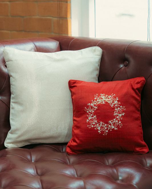 Christmas Cushion Set with fillers - Red 12 inches & Shimmery Off White 16 inches