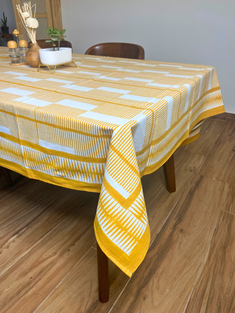 100% Cotton Block Print Table Cloth for 8 seater dining - Mustard Brick Style
