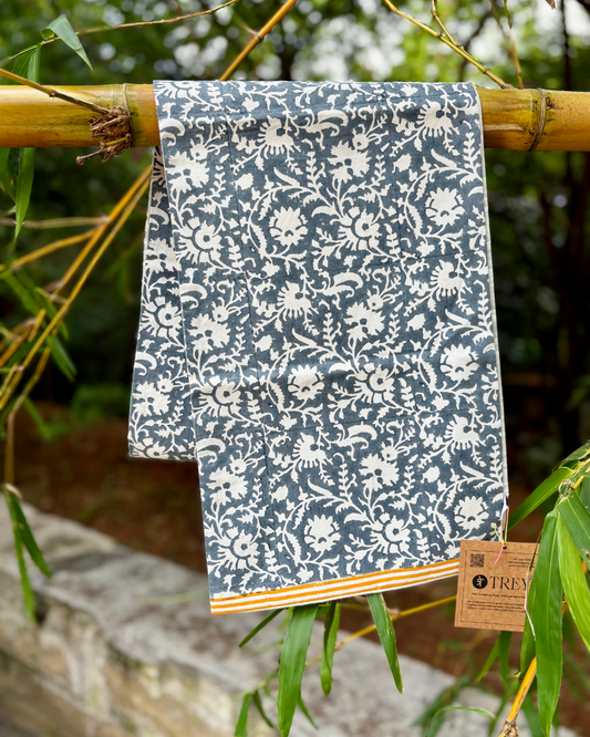 Classic Block Print Table Runner for 6 or 8 seater dining - Grey Floral