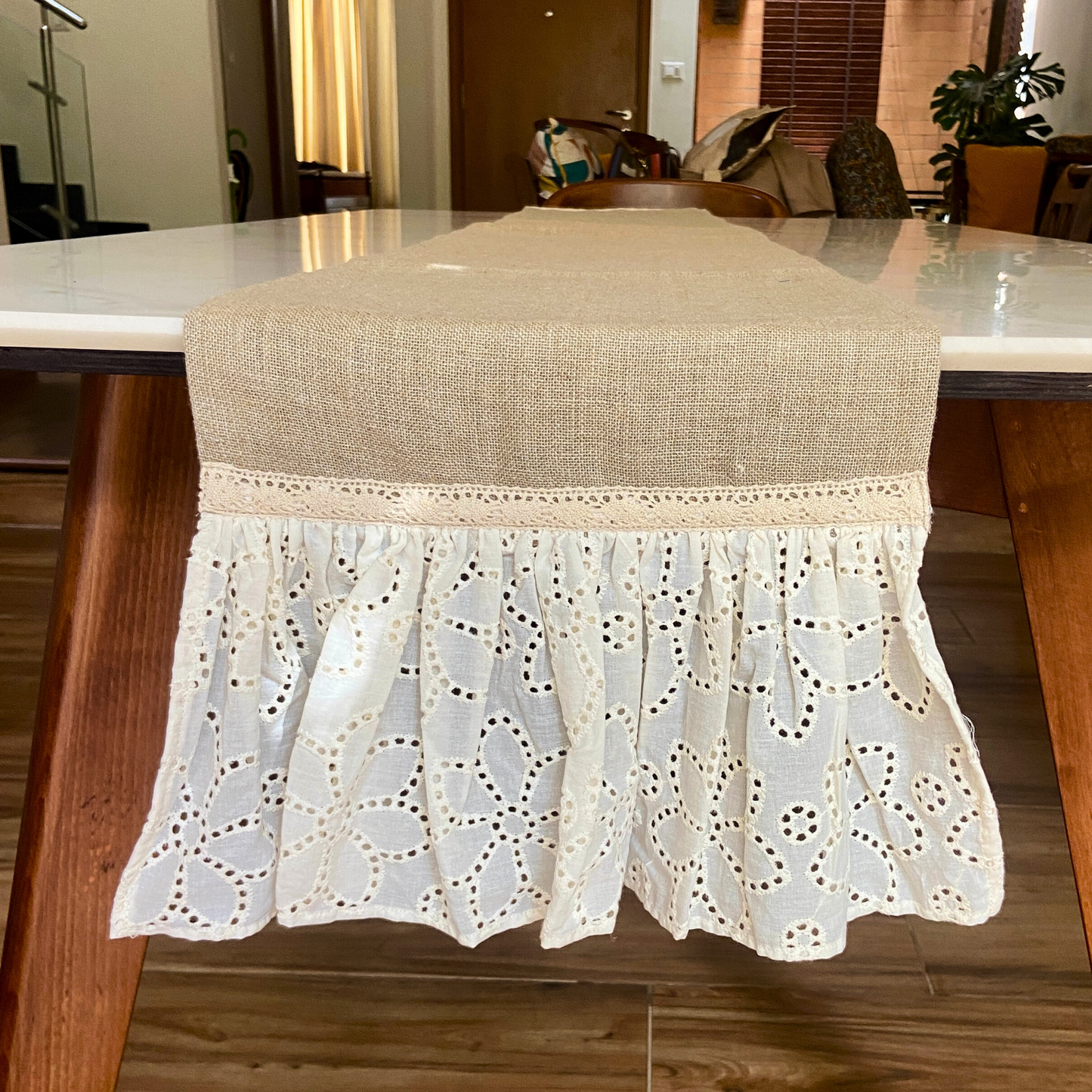 Rustic Modern Table Runner for 6 or 8 seater dining - Jute with floral hakoba frill