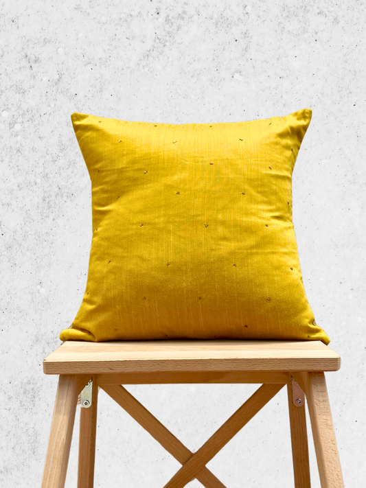 Festive mustard with hand embroidered sequins cushion cover 16 x 16 inches