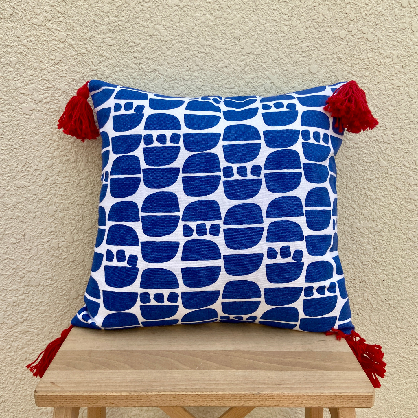 Blue with red Tassels cushion cover 16 x 16 inches
