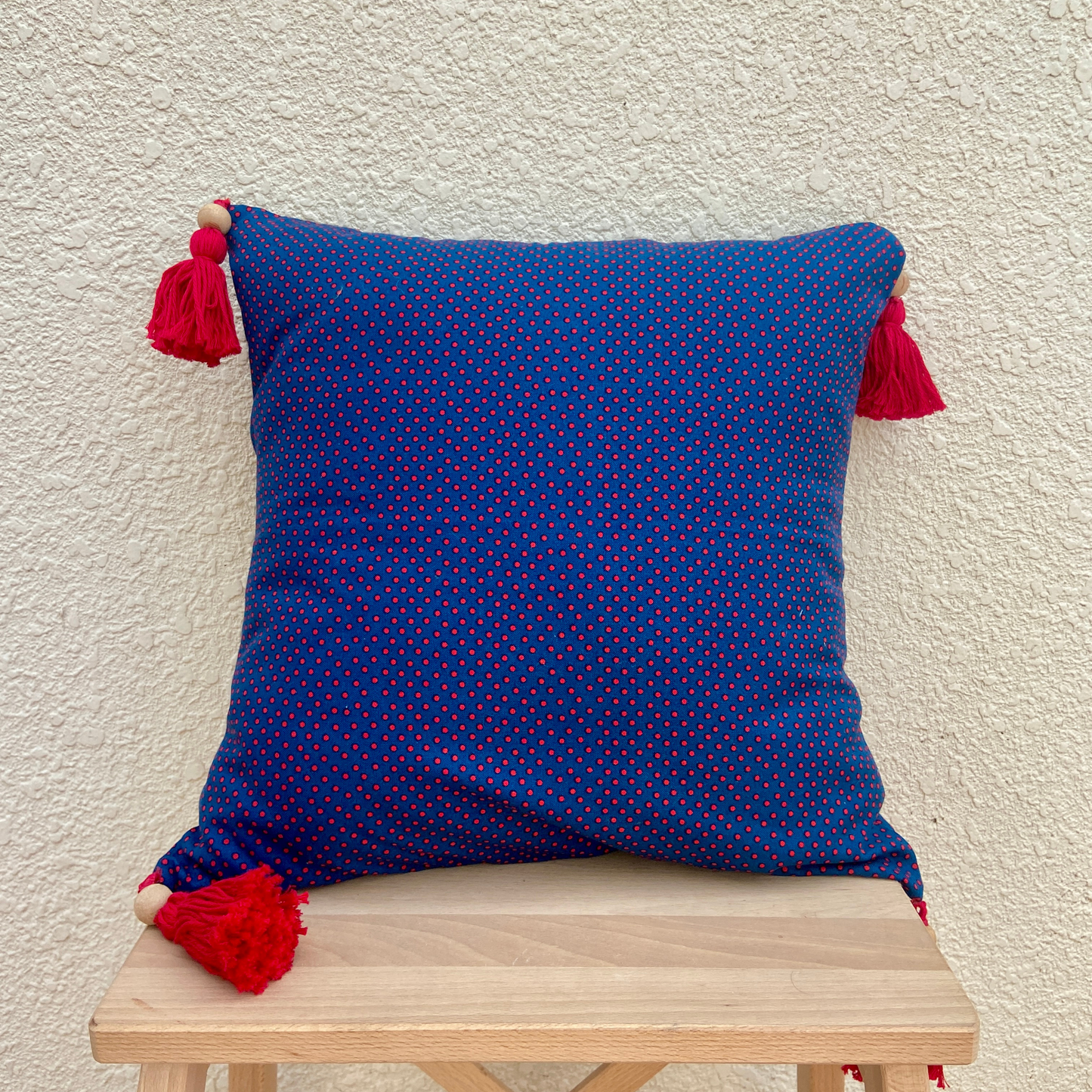 Blue with red polka dots and tassel cushion cover 16 x 16 inches