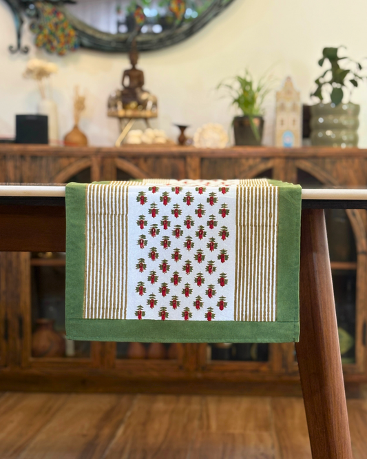 Christmas Table Runner Hand Block Printed 6 Seater - Brown Stripes with Little Flowers