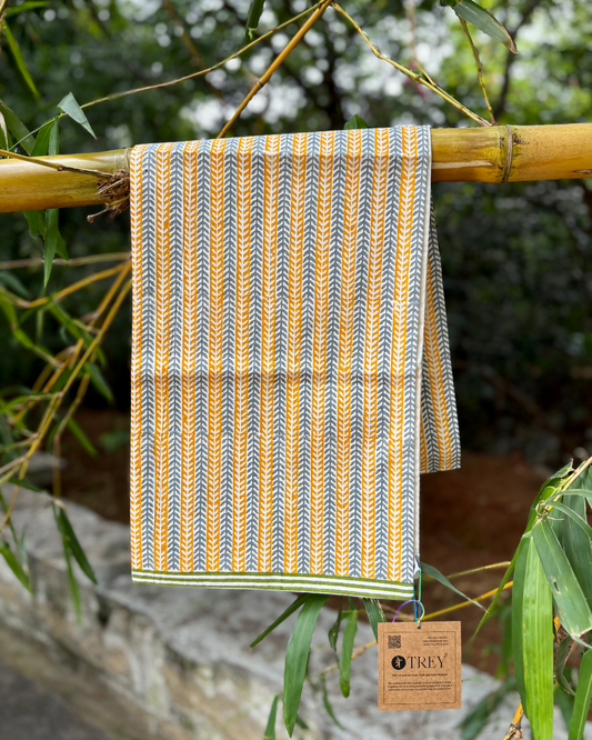 Classic Block Print Table Runner for 6 or 8 seater dining - Grey and Mustard Leafy Stripes