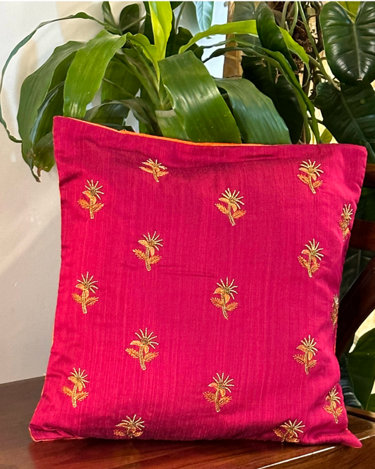 Hand Embroidered Cushion Cover 16 x 16 inches  - Gold Dainty Flowers on Pink