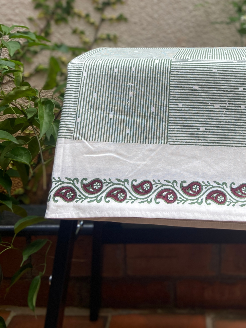 100% Cotton Block Print Table Cloth for 6 seater dining - Hatched Pattern Green