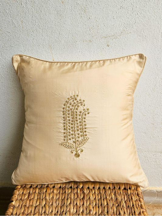 Hand Embroidered Cushion Cover 16 x 16 inches  -  Gold Tree on Cream