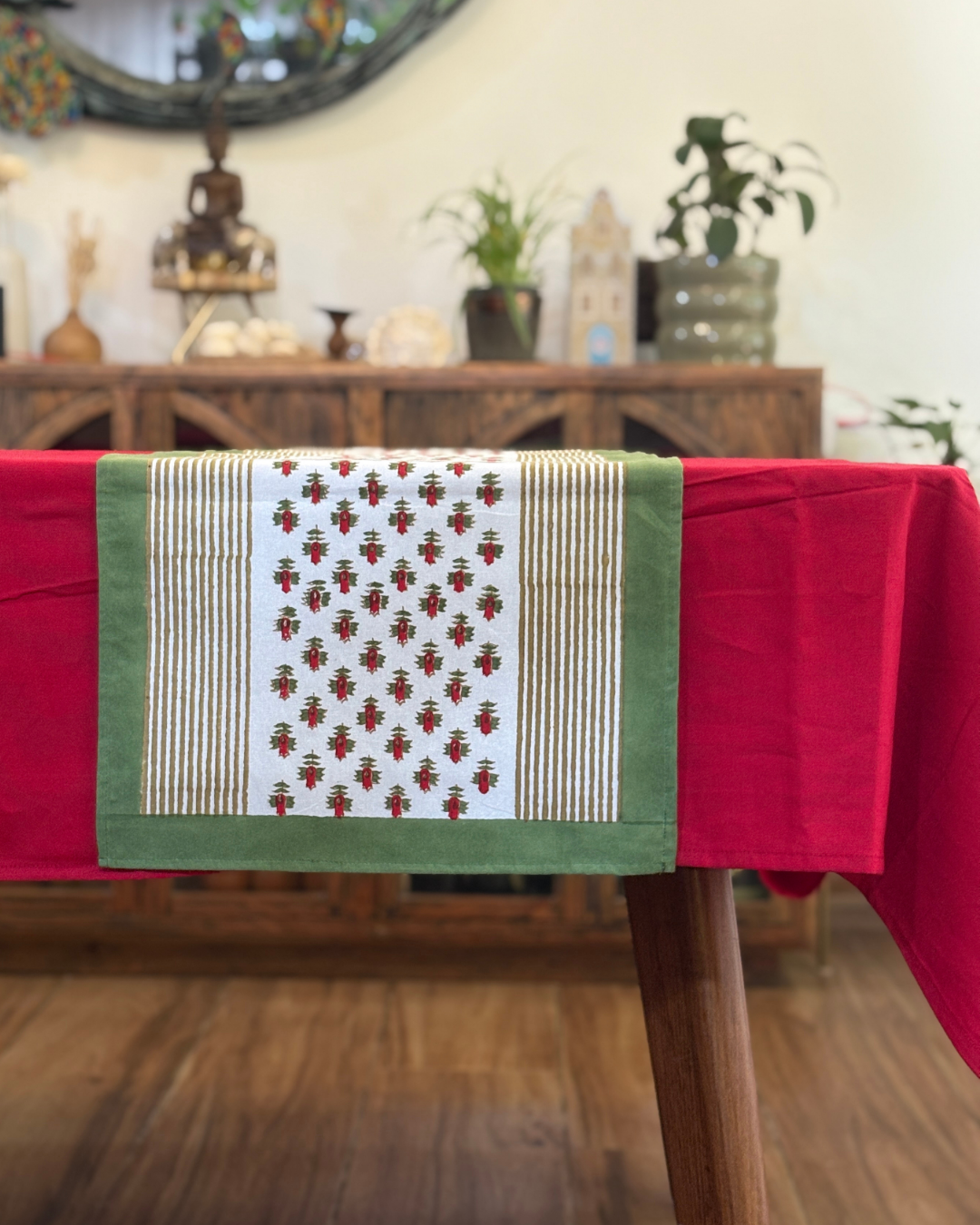 Christmas Table Runner Hand Block Printed 6 Seater - Brown Stripes with Little Flowers