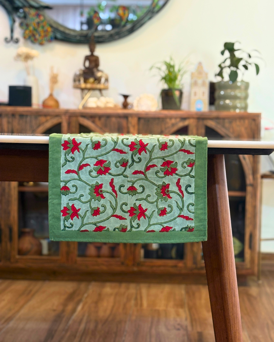 Christmas Table Runner Hand Block Printed 6 Seater - Green with red Floral trail