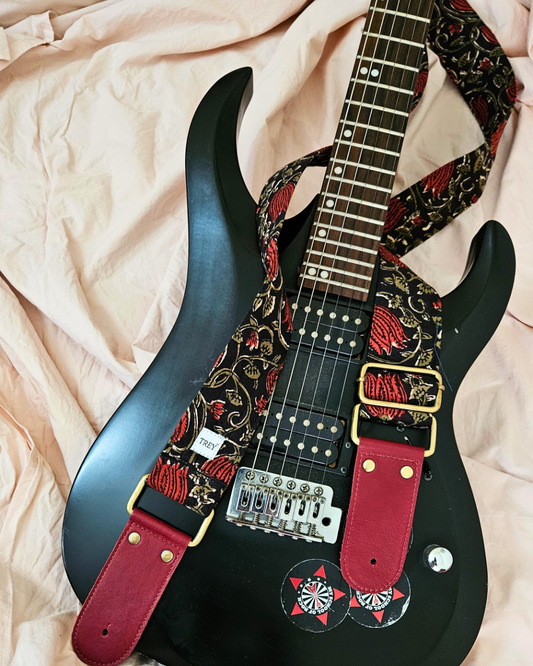 Boho Guitar Strap Shoulder Strap - Black and Red Ethnic Vintage Look with Leather