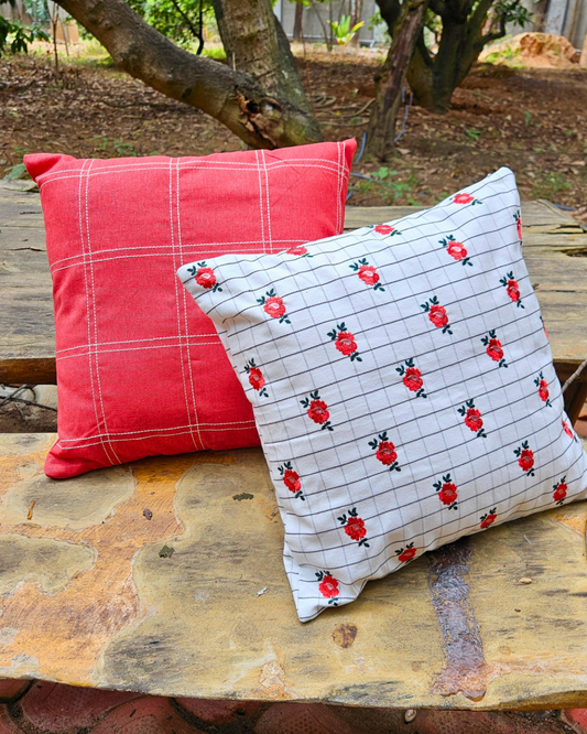 Cushion Covers Set for Sofa, Living Room, Bedroom Size 16" x16" - Peach Flower and Cream Stripes on Peach