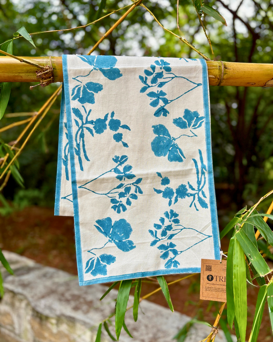 Classic Block Print Table Runner for 6 or 8 seater dining - Powder Blue Botanical