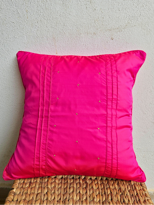 Hand Embroidered Cushion Cover 16 x 16 inches  -  Gold Dots on Pink