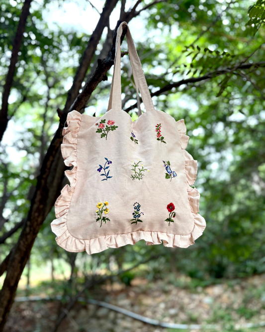 Frilled Tote Bag Embroidered - Pink