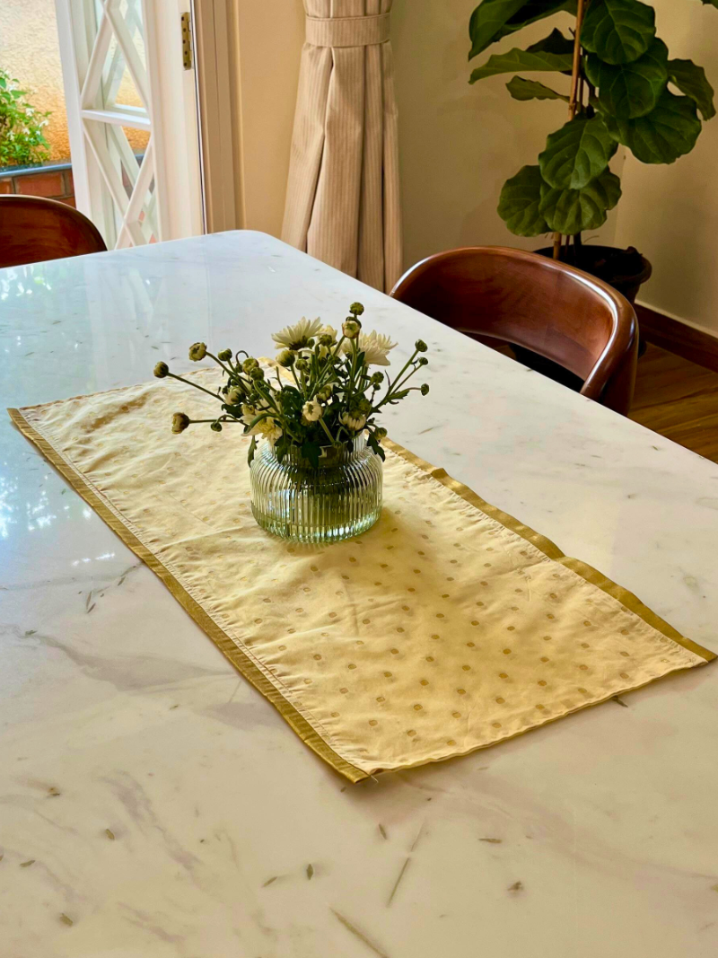 Festive Table Runner Small Size for Dining and Center Table - Cream with Muted Gold Buti
