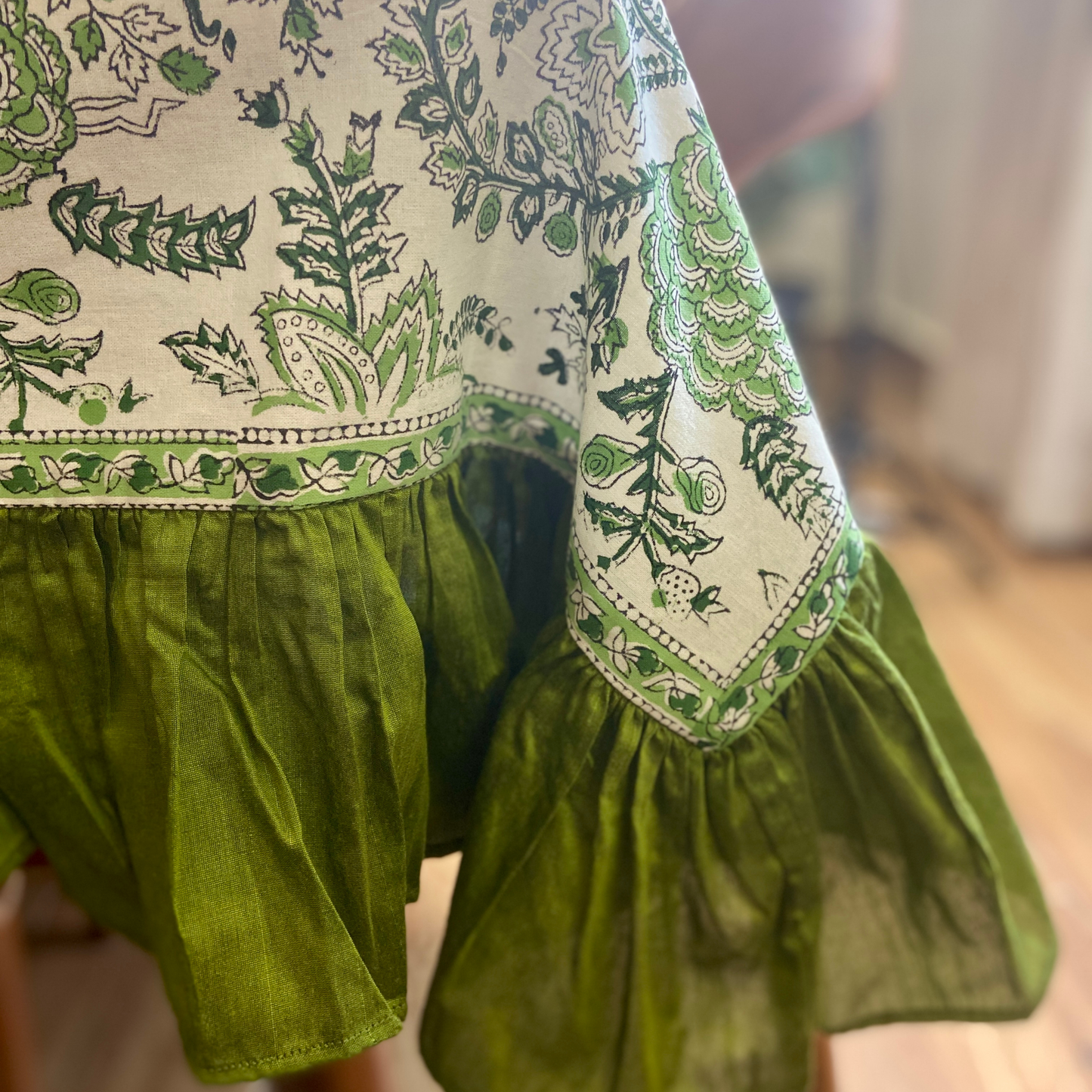 100% Cotton Block Print Table Cloth for 6 or 8 seater dining - Green Jaipuri Print with Green Frills