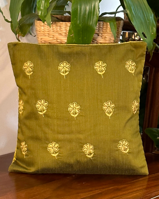 Hand Embroidered Cushion Cover 16 x 16 inches  -  Gold Flowers on Moss Green
