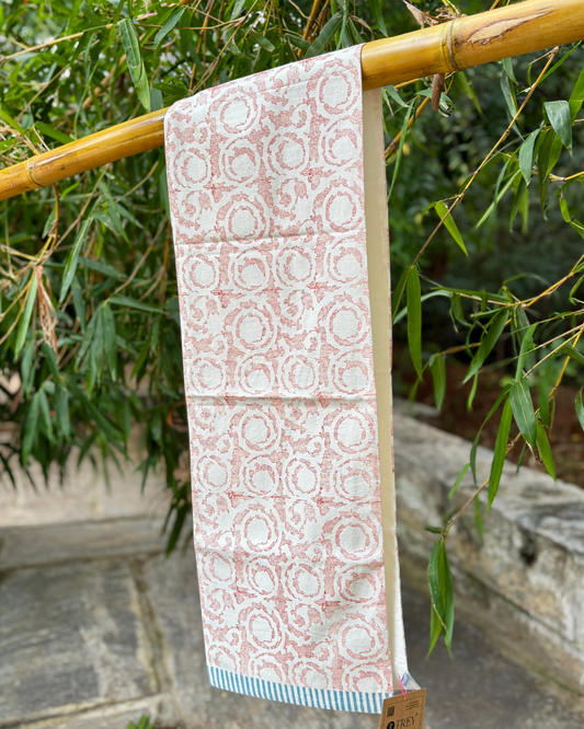 Classic Block Print Table Runner for 6 or 8 seater dining - Red Jacquard with Powder Blue Border