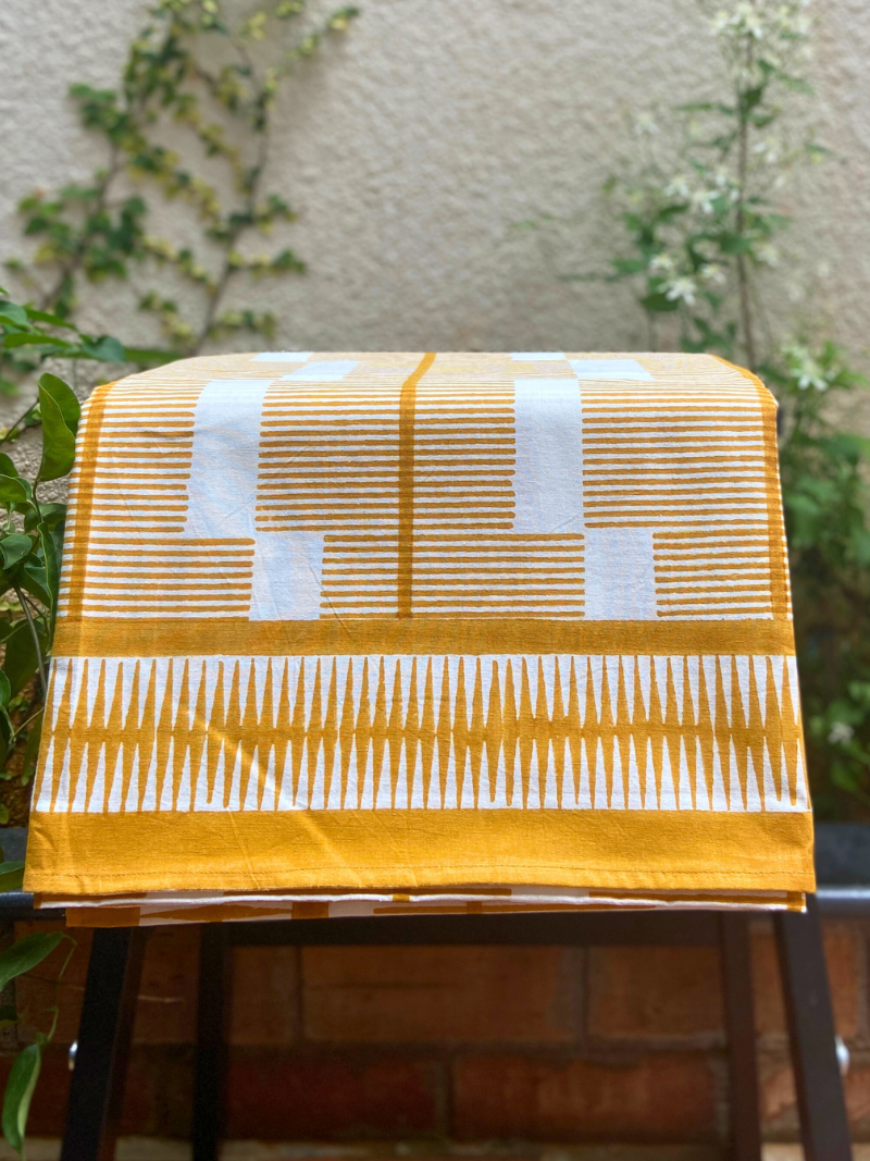 100% Cotton Block Print Table Cloth for 8 seater dining - Mustard Brick Style