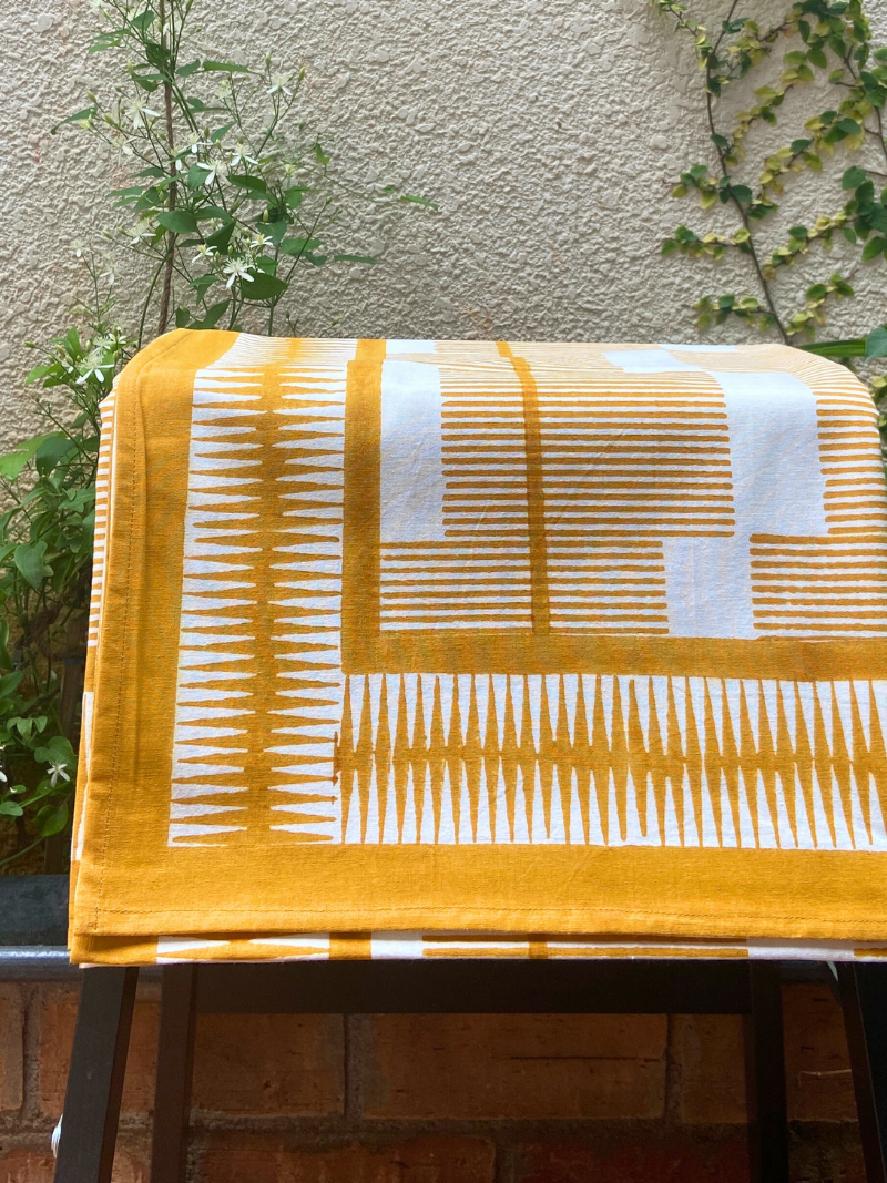 100% Cotton Block Print Table Cloth for 8 seater dining - Mustard Brick Style