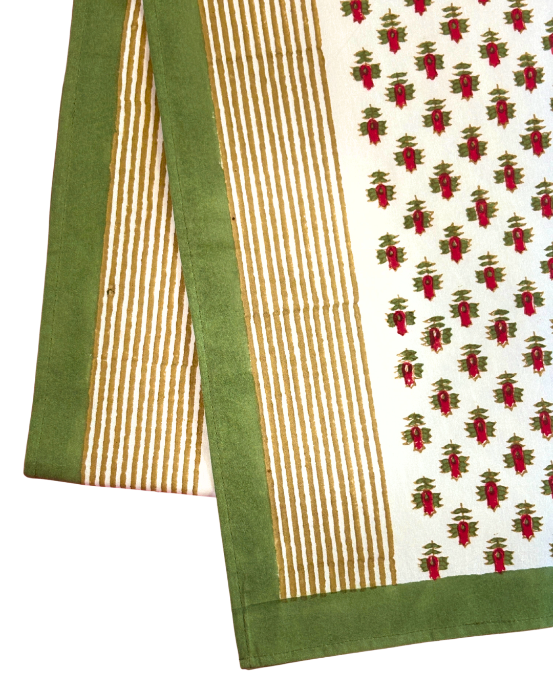 Christmas Table Runner Hand Block Printed 6 Seater - Brown Stripes with Little Flowers