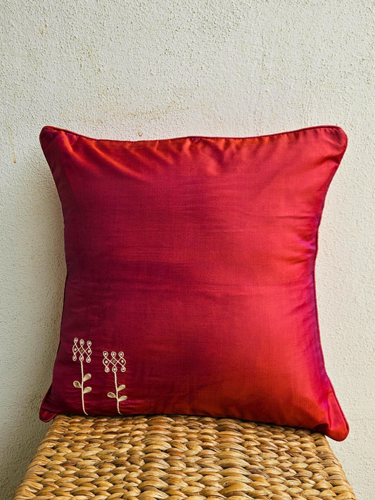 Hand Embroidered Cushion Cover 16 x 16 inches  -  White Flower Set of 2 on Rust