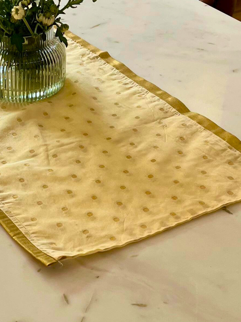 Festive Table Runner Small Size for Dining and Center Table - Cream with Muted Gold Buti