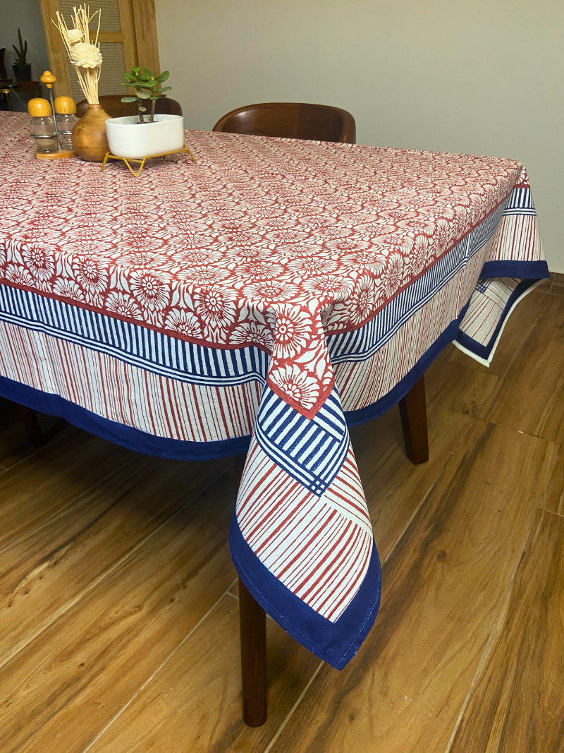 100% Cotton Block Print Table Cloth for 8 seater dining - Rust Flowers