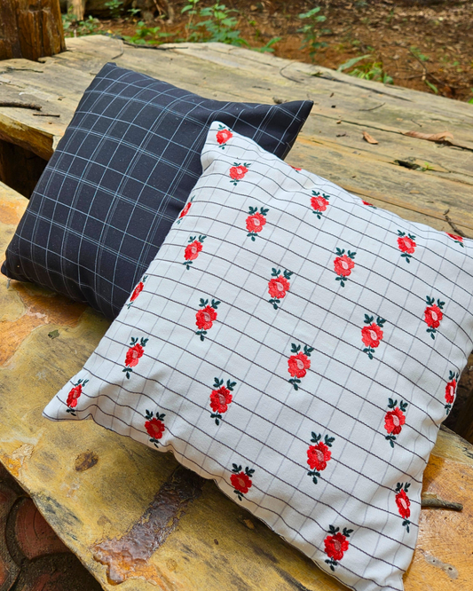 Cushion Covers Set for Sofa, Living Room, Bedroom Size 16" x16" -  Embroidered Peach Flower Cushion Cover and Black Cushion Cover