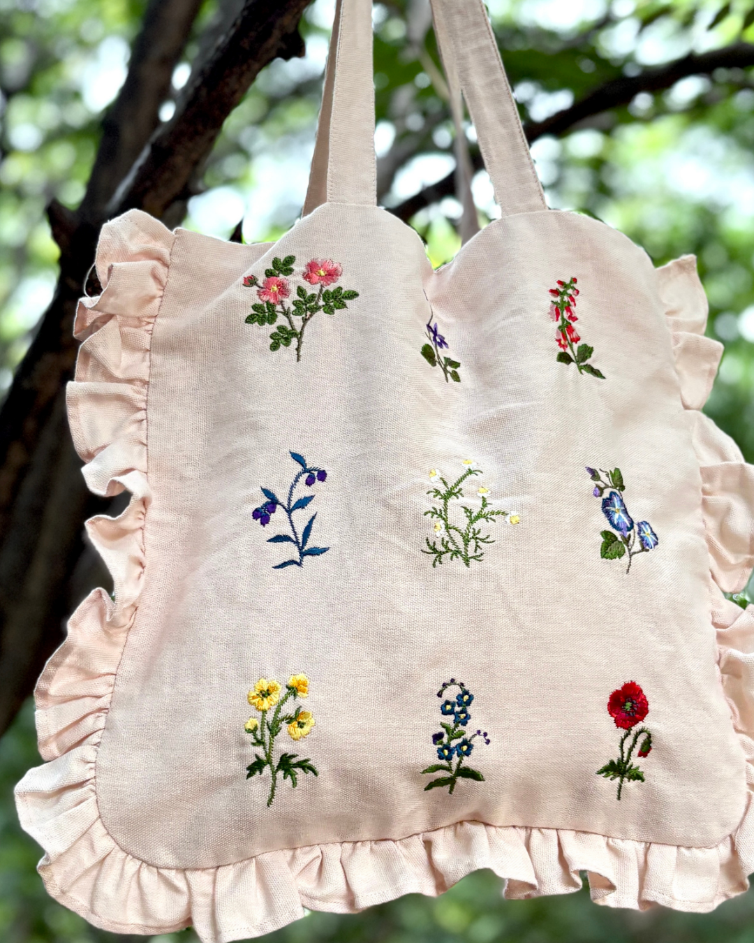 Frilled Tote Bag Embroidered - Pink
