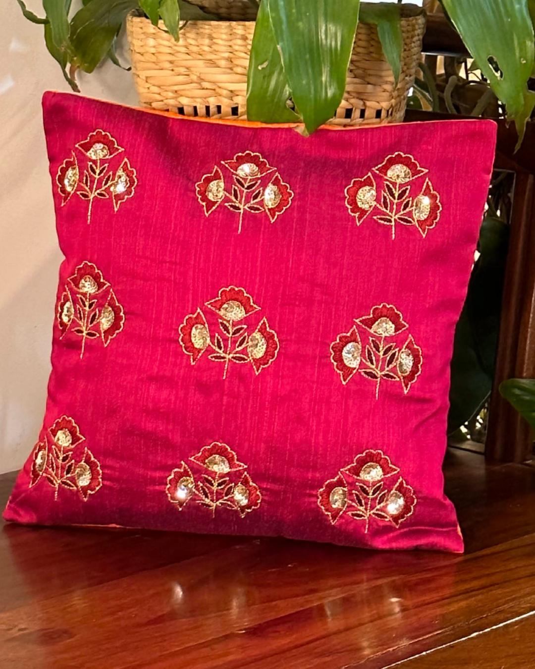 Hand Embroidered Cushion Cover 16 x 16 inches  -  Pretty Gold Flowers on Pink
