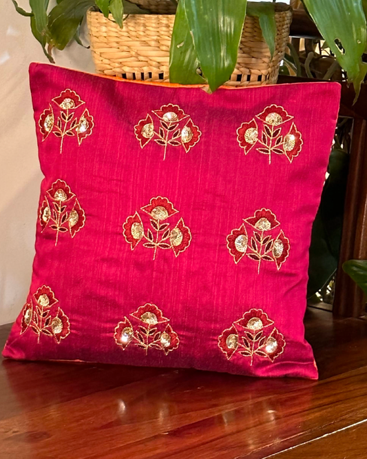 Hand Embroidered Cushion Cover 16 x 16 inches  -  Pretty Gold Flowers on Pink