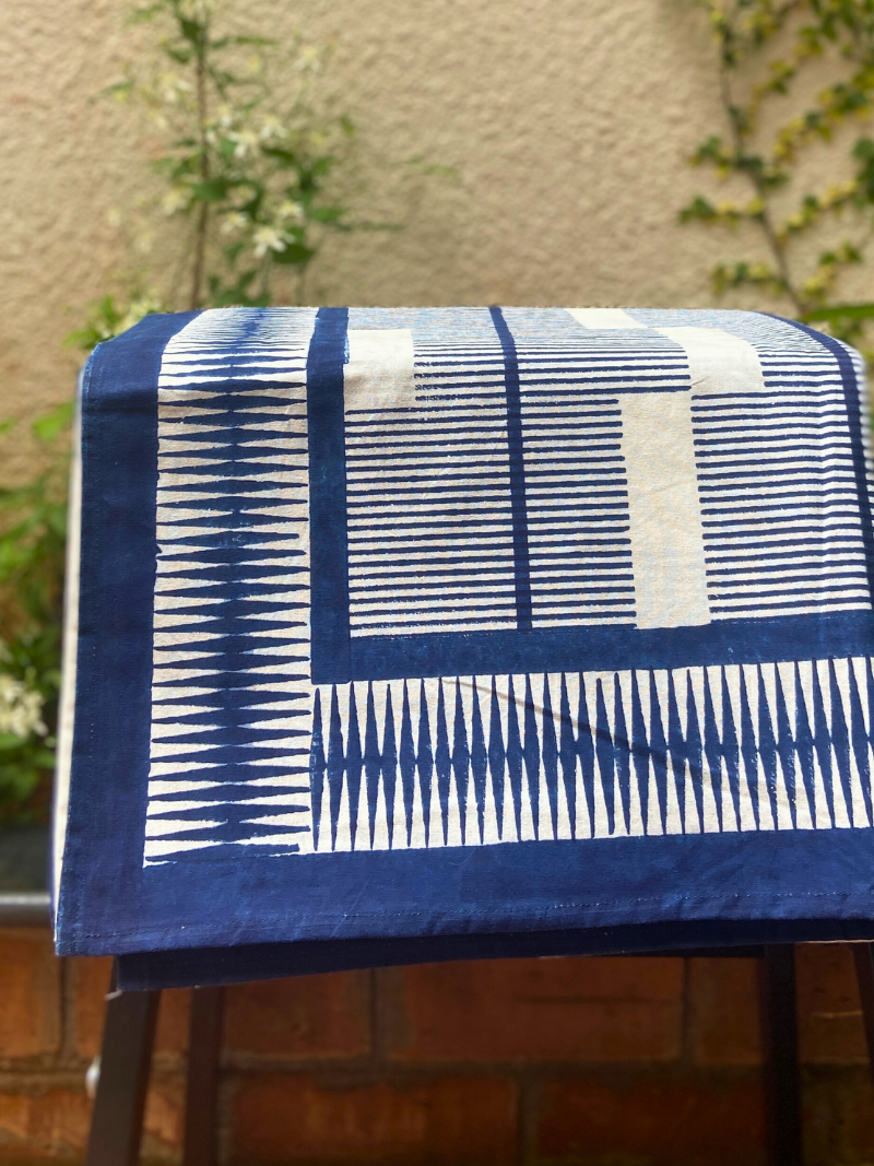 Ink Blue Brick 100% Cotton Style Block Print Table Cloth for 8 seater dining - DHARINI Collection