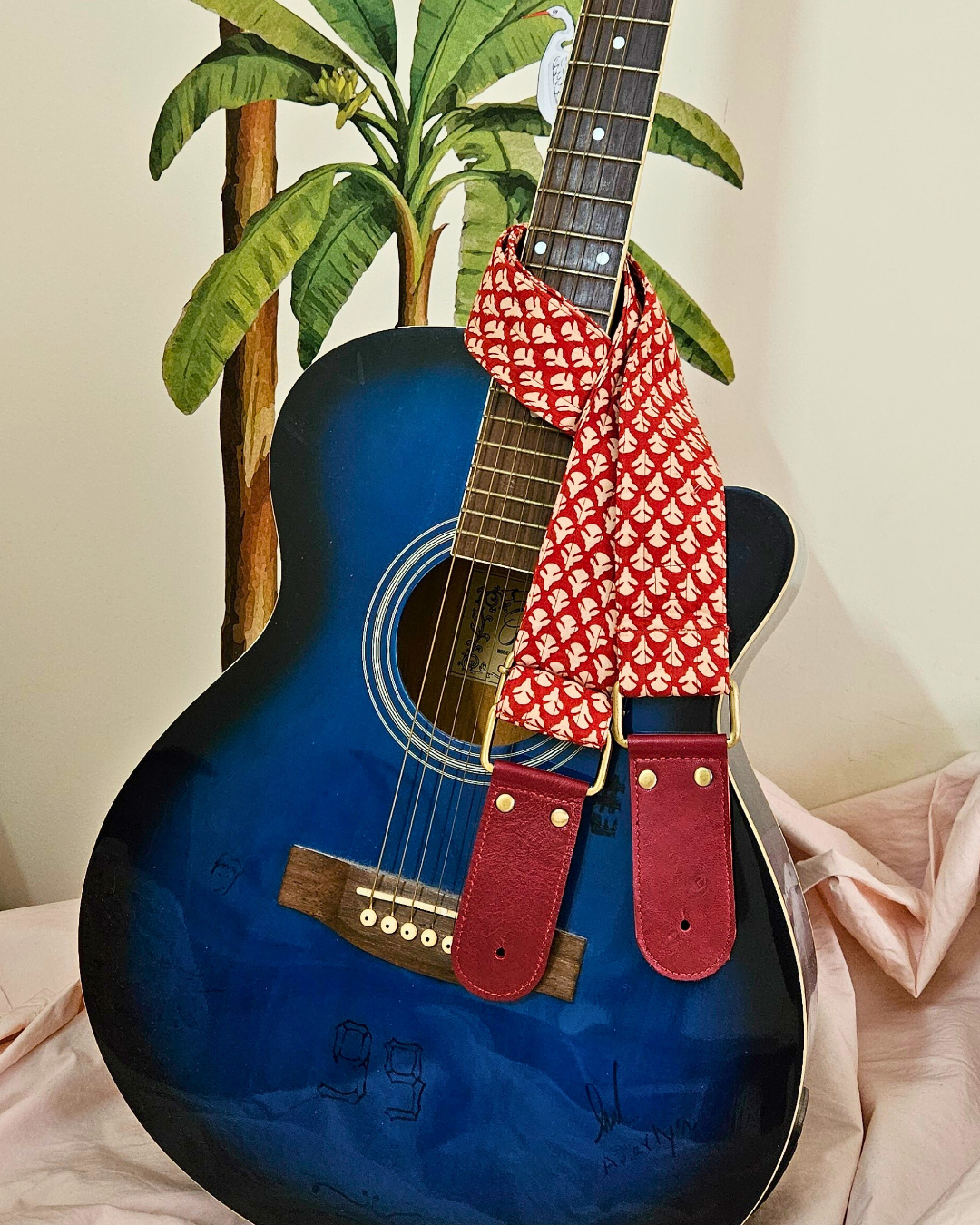 Boho Guitar Strap Shoulder Strap - Rust Ethnic Vintage Look with Leather Tabs
