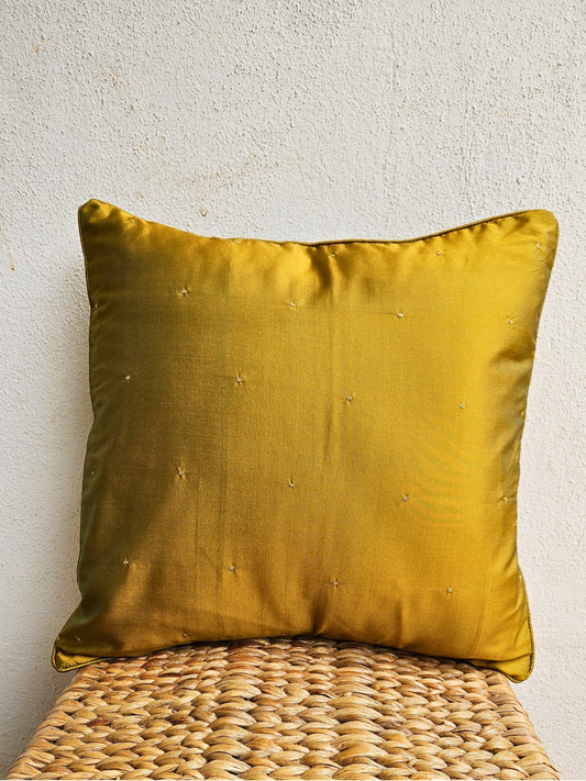 Hand Embroidered Cushion Cover 16 x 16 inches  -  Gold Dots on Green