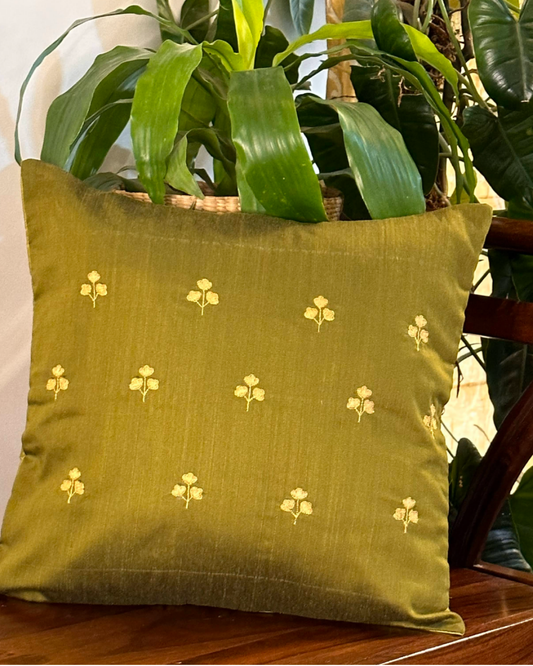 Hand Embroidered Cushion Cover 16 x 16 inches  - Gold Leaves on Moss Green