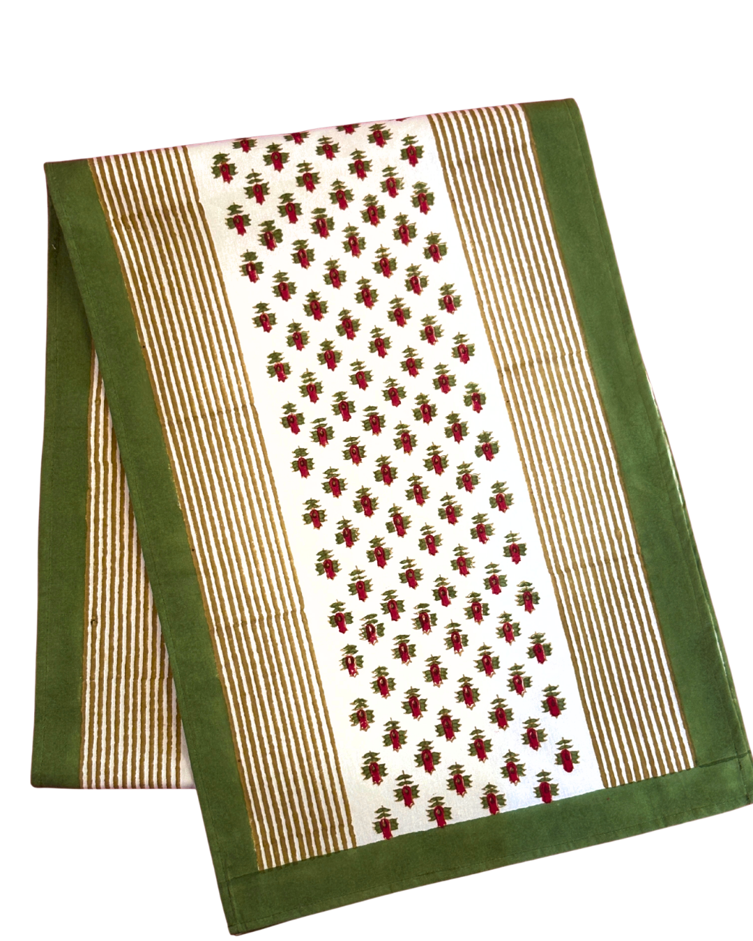 Christmas Table Runner Hand Block Printed 6 Seater - Brown Stripes with Little Flowers