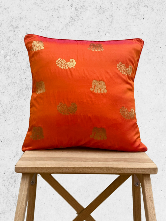 Elegant Festive cushion covers 16 x 16 inches - Peachy Orange with Big Gold Motif