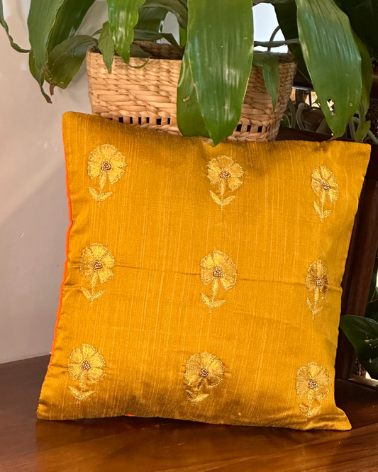 Hand Embroidered Cushion Cover 16 x 16 inches  -  Gold Flowers on Mustard
