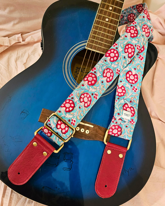 Boho Guitar Strap Shoulder Strap - Blue and Red Ethnic Vintage Look with Leather Tabs