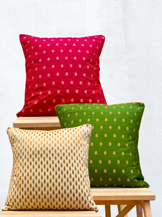 Festive Red, Green & Tear Drop Cream Gold Cushion Cover Combo