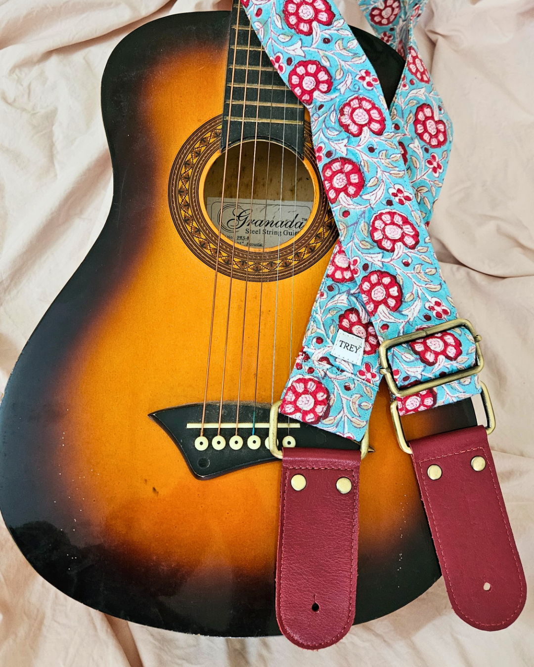 Boho Guitar Strap Shoulder Strap - Blue and Red Ethnic Vintage Look with Leather Tabs