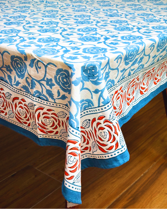 100% Cotton Table Cover for Square Dining Table, Printed Table Cloth for Dining/Center Table, for Upto 4 ft x 4 ft Table (Powder Blue Rose, 60" x 60" - Square)