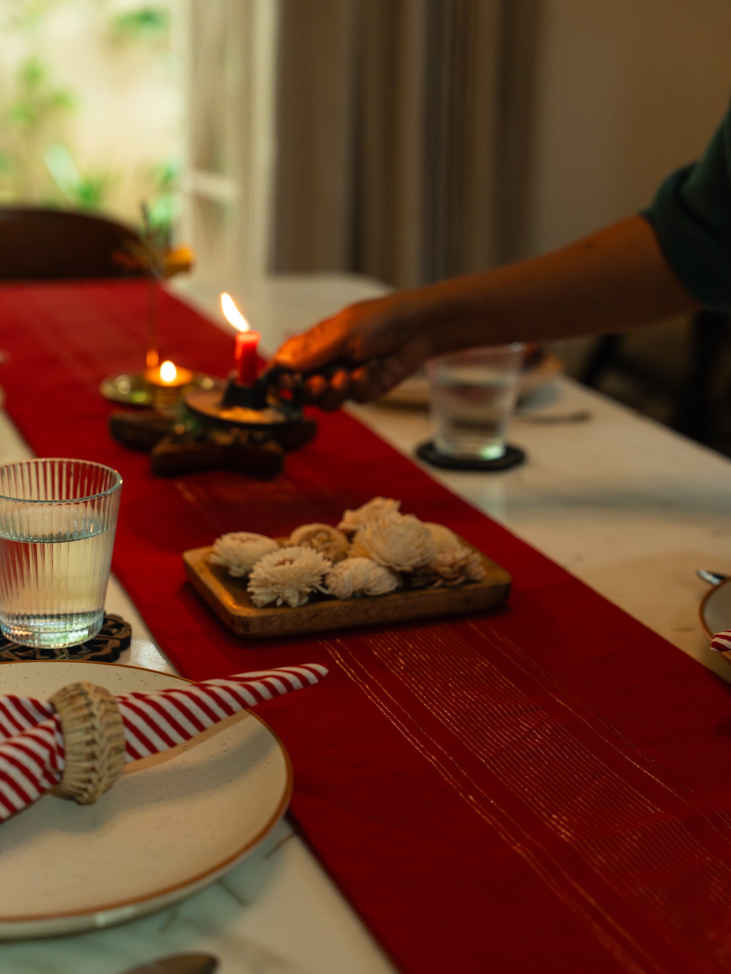 Christmas Table Runner - Red with Silver Thread Work