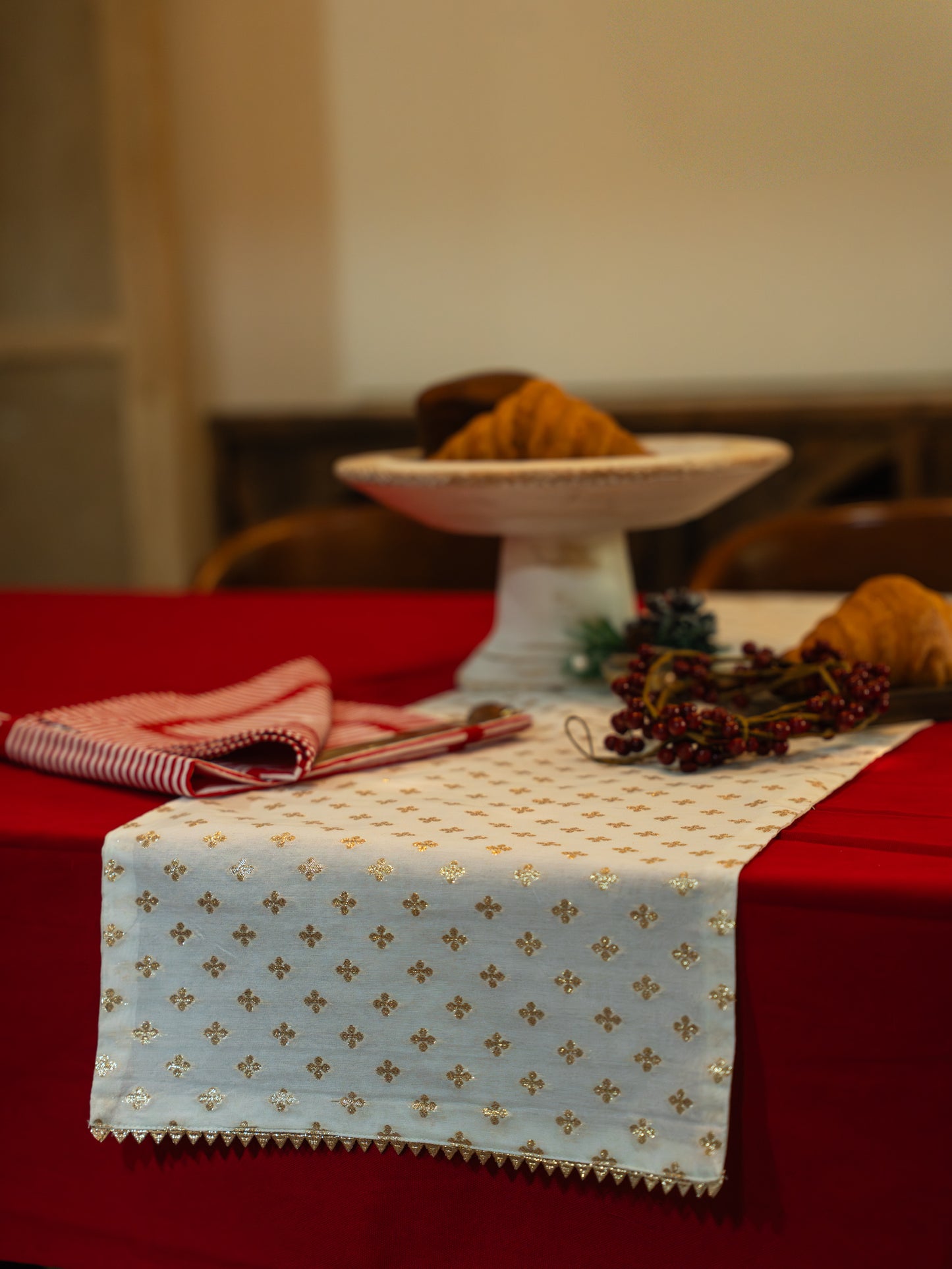Christmas Table Runner - Off White with Gold Motif