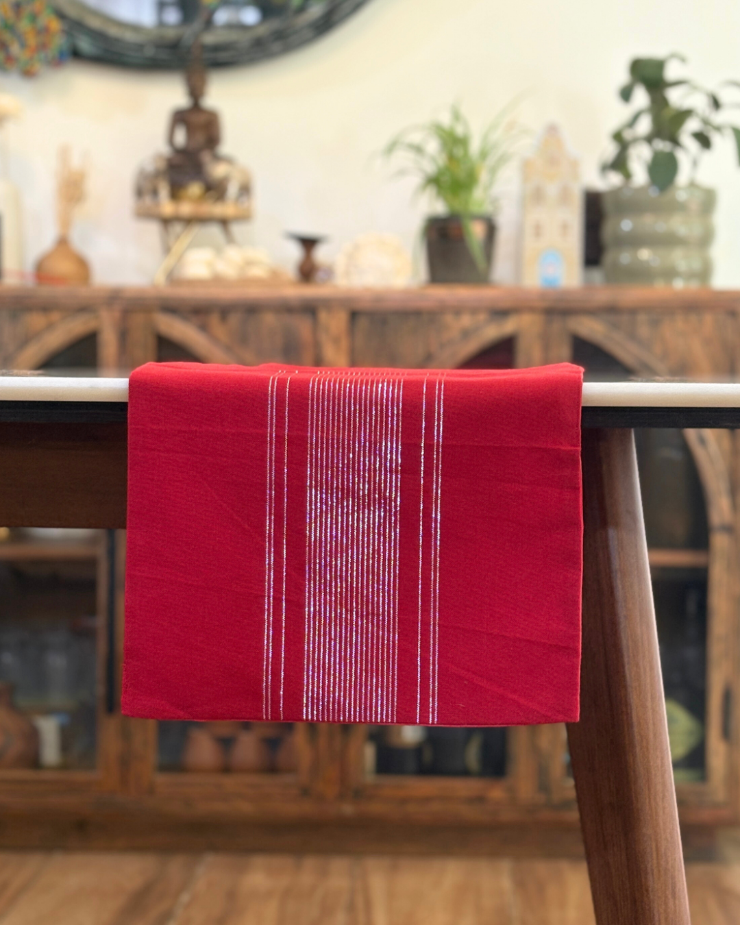 Christmas Table Runner - Red with Silver Thread Work