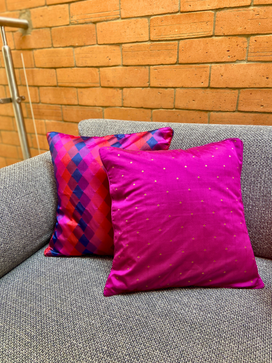Stylish Cushion Cover Combo - Rani Pink with Gold Polka and Pink Diamond Pattern