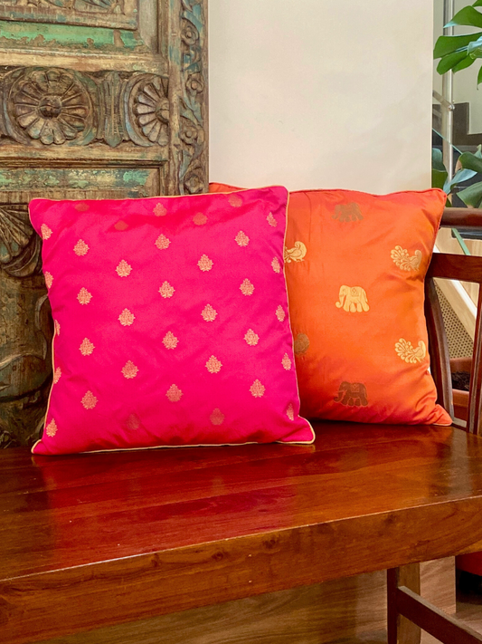 Stylish Cushion Cover Combo - Fucshia Pink and  Peachy Orange with muted gold motif