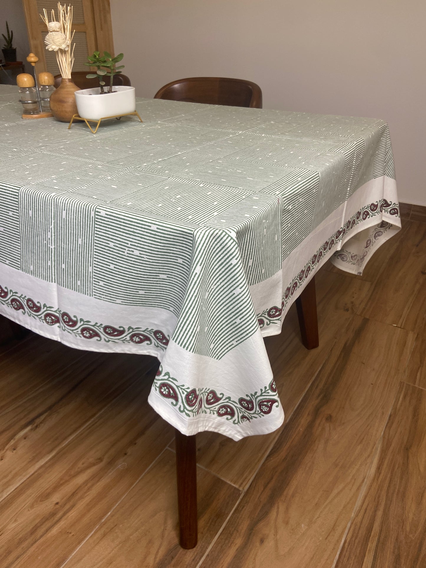 100% Cotton Block Print Table Cloth for 6 seater dining - Hatched Pattern Green